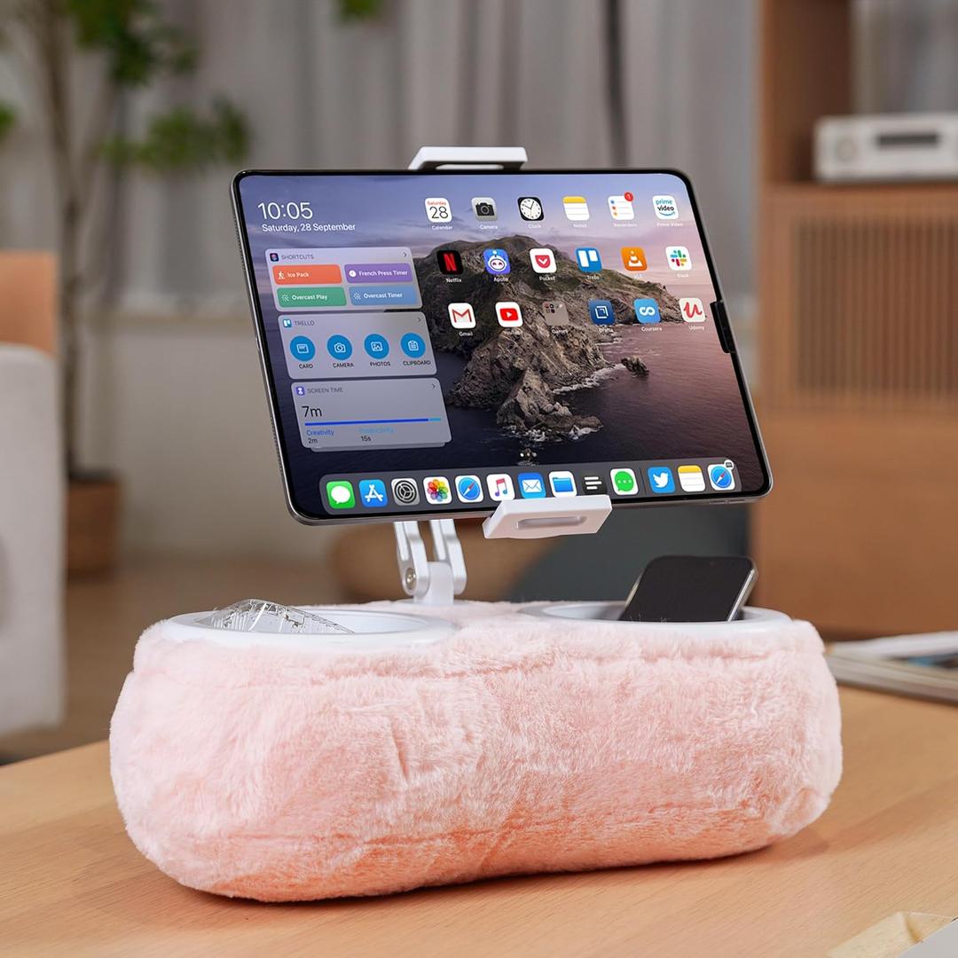 Tablet Stand Pillow, Kindle Pillow Stand, Tablets Holder for Bed Compatible with Tablets, Phone and Kindle, 360Adjustable Phone Stand for Bed with Soft Plush Fabric, and Two Detachable Bowl-Pink
