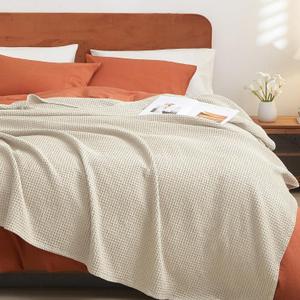 PHF Pre-Washed Cotton Waffle Weave Blanket King Size for Bed,Snag Proof Lightweight Breathable Throw for Couch Spring Summer, Oeko-TEX Certified,Machine Washable, Home Decor Gift-Linen/Stone