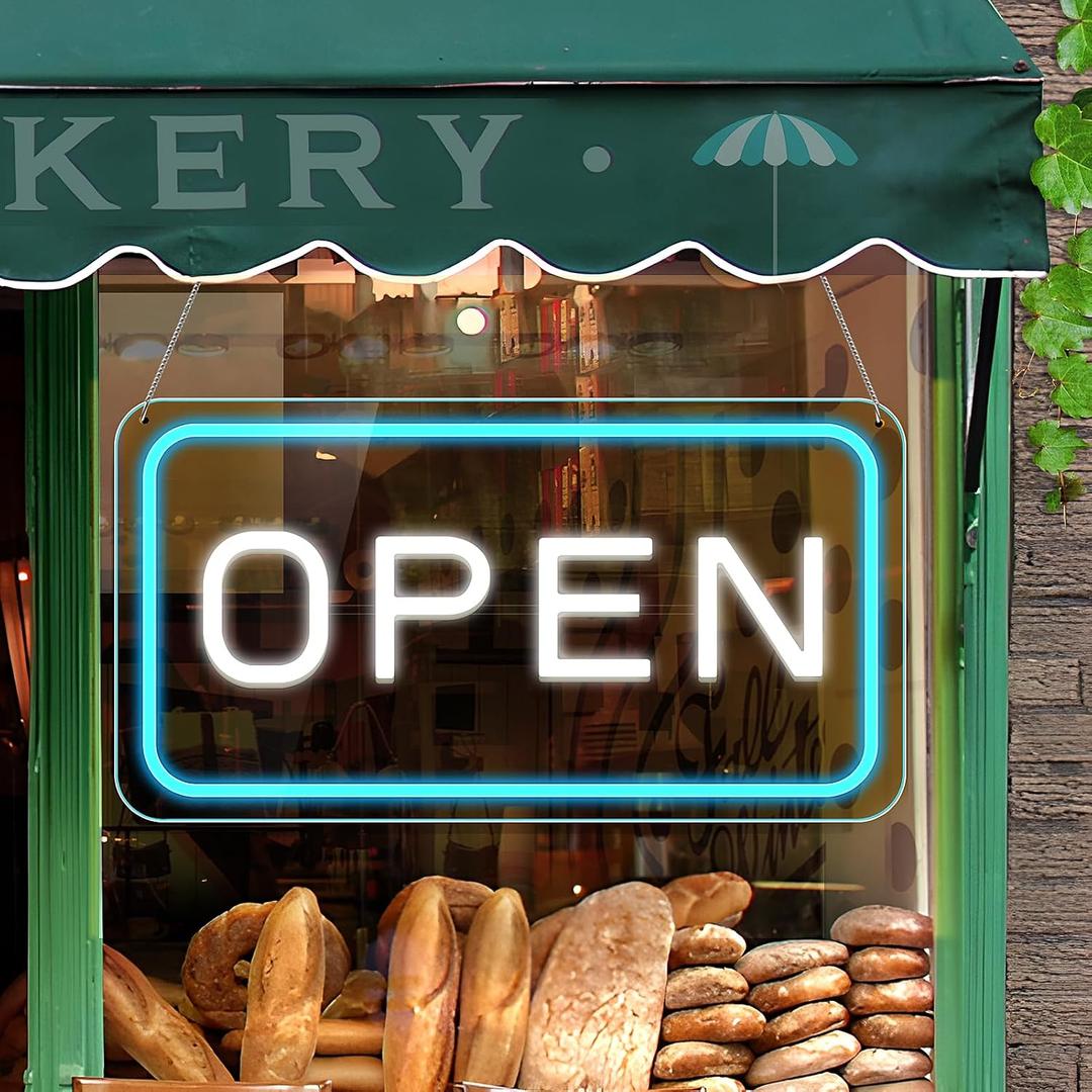 Open Signs for Business, 23"x 12" Neon Open Sign, Bright COB Chip LED Open Sign with ON/OFF Switch & USB Plug, Ice Blue & White Open Light Up Sign for Wall, Shop, Hotel, Horizontal