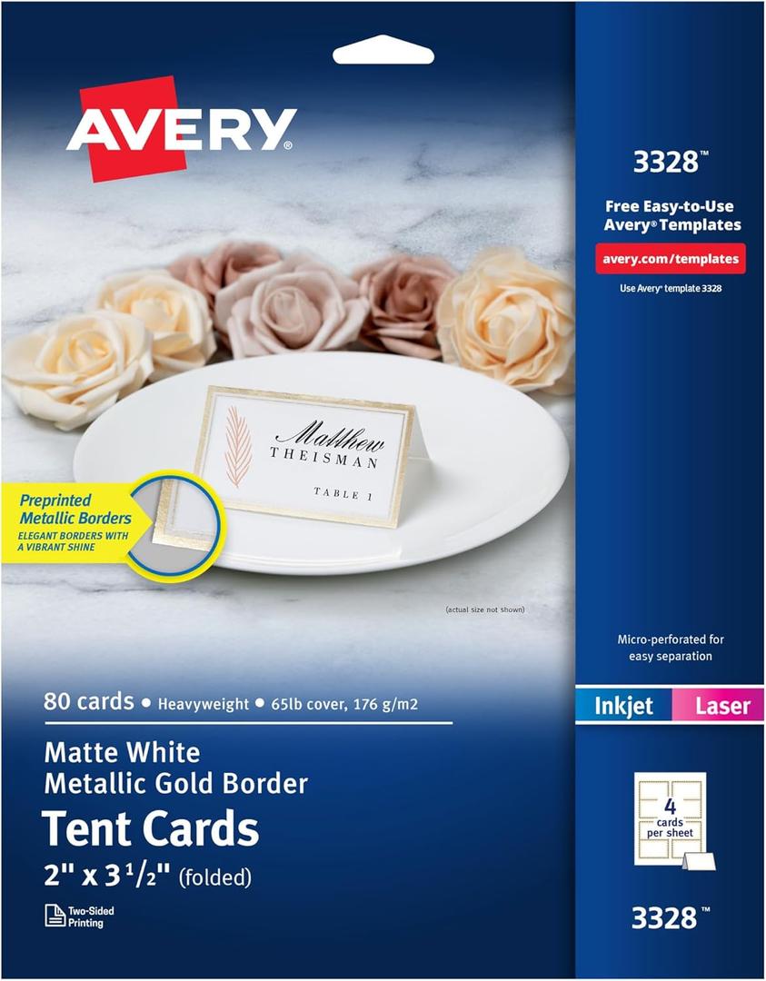 Avery Printable Tent Cards, 2" x 3.5", White, Metallic Gold Borders, Laser/Inkjet, 80 Blank Place Cards (3328)
