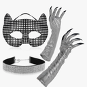 Geyoga 3 Pcs Halloween Cat Costume Accessories Women Rhinestone Glitter Cat Costume with Rhinestone Mask Choker Silver Paw Gloves with Long Fingernails for Adult Halloween Masquerade Cosplay Party, Pack of 3