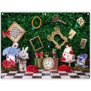 8x6ft Fabric Wonderland Enchanted Tea Party Photography Backdrop Kids Fairy Tale Green Grass Birthday Background Checkerboard Rabbit Photo Tapestry Props