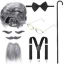 WILLBOND 8 Pcs Old Man Costume, Old Man Wig, Cane Glasses Faux Eyebrows Mustache Suspenders Bow Tie for Grandpa Cosplay (Dark Gray)