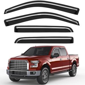 Outside-Mount Window Rain Guards Fit for 2009-2014 Ford F150 F-150 SuperCrew SVT Raptor, Extra Durable Window Visors Wind Deflector Dark Smoke Vent Shades Car Tape-on with Thicker 4PCS