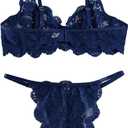 Lilosy Sexy Underwire Push Up Scallop Floral Lace Sheer Lingerie Set for Women Bra and Panty 2 Piece (Blue)