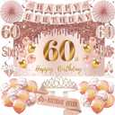 60th Birthday Decorations for Women, Pink Gold Happy 60th Birthday Banner Crown and Sash Balloons Backdrop Hanging Swirls Paper Fans, 60 Years Old Party Supplies Kit 32PCS