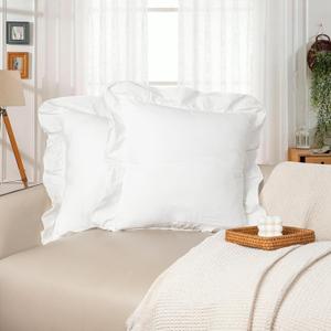 JoraLion White Scalloped Cotton Pillow Covers 20x20 inch, Farmhouse Ruffle Solid Pure Cotton Decor for Sofa Bed Couch, Set of 2, Covers ONLY