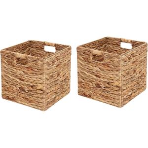 Water Hyacinth Woven Wicker Storage Baskets - 12x12x12inch Set of 2, Foldable Cubes for Shelves, Handwoven Laundry Totes for Bedroom