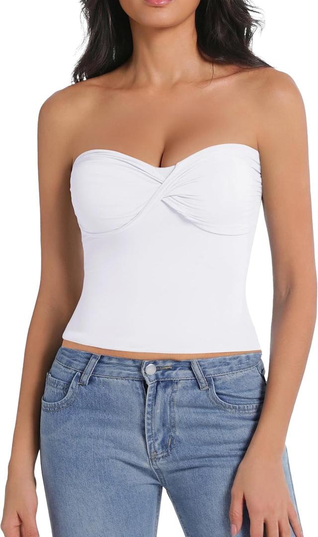 Tube Tops for Women Twist Knot Summer Going Out Crop Tops Backless Strapless Bandeau Tops Y2K Basic (White, S)