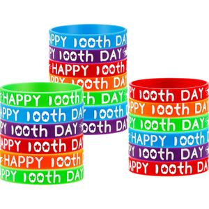 WILLBOND 50 Pcs Happy 100th Day of School Silicone Bracelets Colorful Rubber Wristbands Gift for Kindergarten Teacher Student Rewards Classroom Party Supplies Decoration