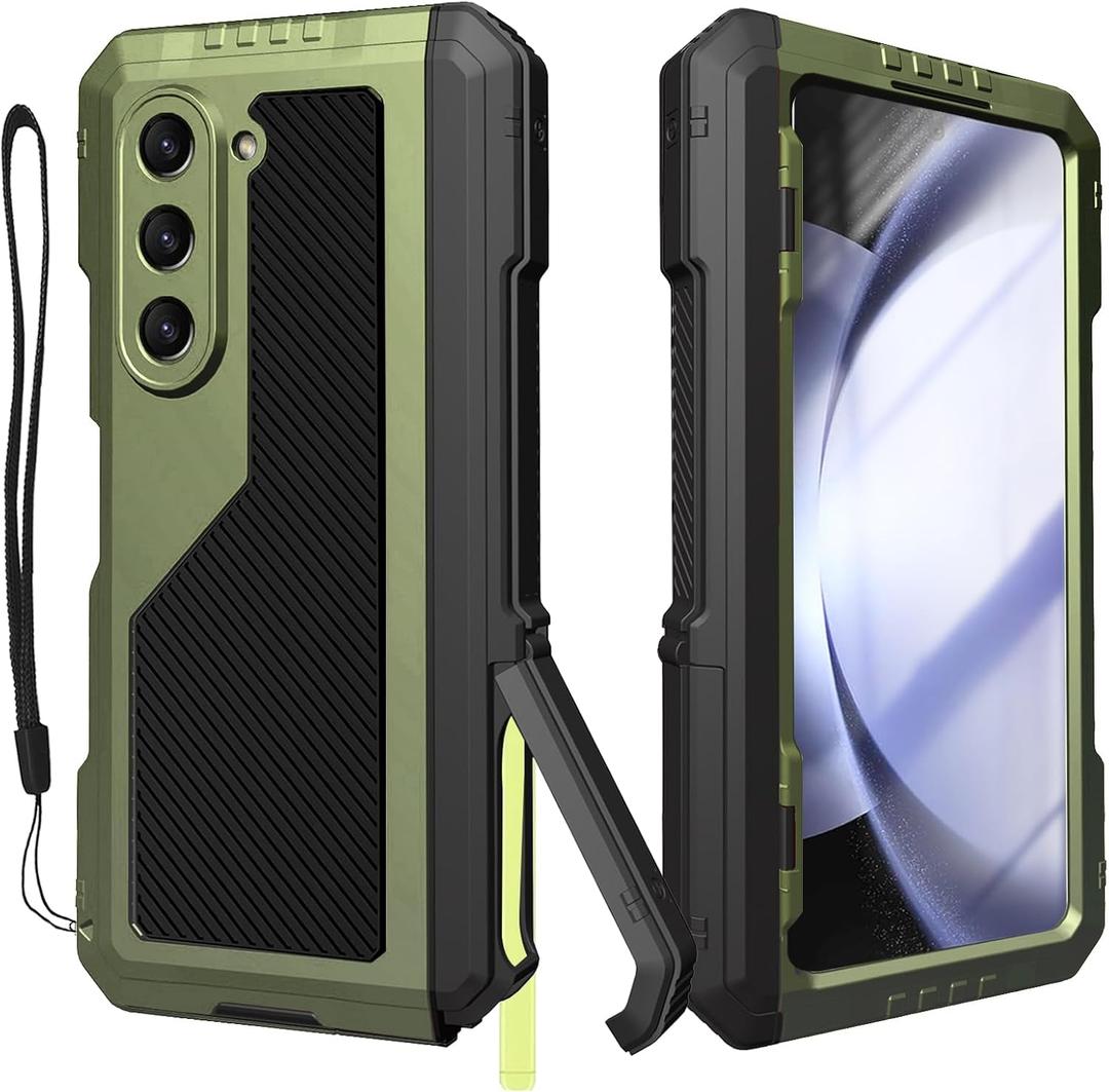 for Samsung Galaxy Z Fold 5 Metal Case with Slim S Pen Holder, Rugged Heavy Duty Z Fold 5 Case with Built-in Screen Protector, Kickstand, Military-Grade Drop Protection, Green