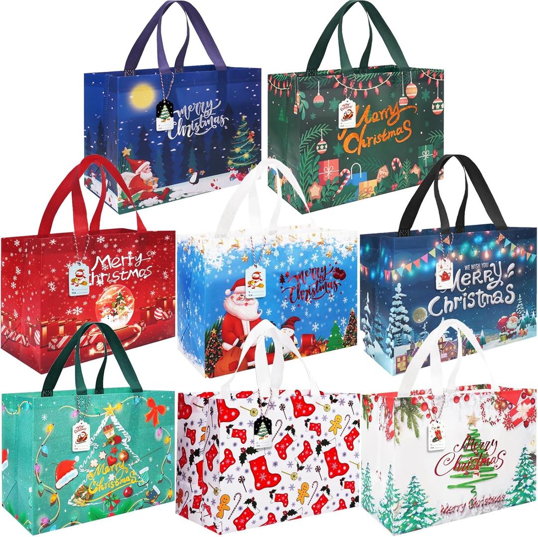 Large Christmas Gift Bags with Handles, 8-Pack Reusable Non-Woven Large Tote Bag Christma's Wrapping Bags Bulk for Gifts Christmas Holiday Bag Xmas Party Favors Supplies 12.8"9.8"6.7" with Gift Tags (Colorful-003-8Pcs)