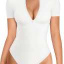 MANGOPOP Short Sleeve Body Suits Women Mock Turtle Neck Zip Up Bodysuit for Women Ribbed Deep V Sexy Bodysuit Shirts, White, Medium