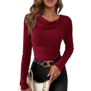 PRETTYGARDEN Women's Long Sleeve Cowl Neck Ribbed Knit Spring Shirts Slim Fit Ruched Going Out Crop Tops Basic T-Shirts (Medium, Dark Red)