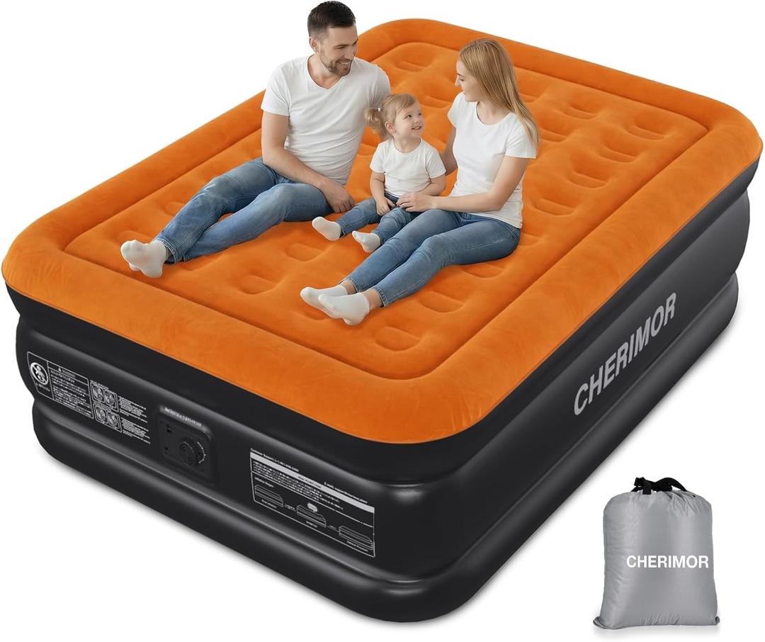 CHERIMOR Queen Air Mattress with Built-in Pump, 800 lbs Max Support, Stable Edges Design, 48-Hour Leak-Tested Durable PVC, 3-Min Fast Inflation, Portable Inflatable Bed for Home Guests & Travel