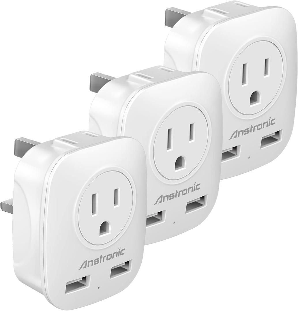 3 Pack US to UK Ireland Travel Plug Adapter, Anstronic International Power Adaptor with 2 USB, 4 in 1 Type G Power Outlet Adaptor for USA to England Kenya Dubai Irish Scotland