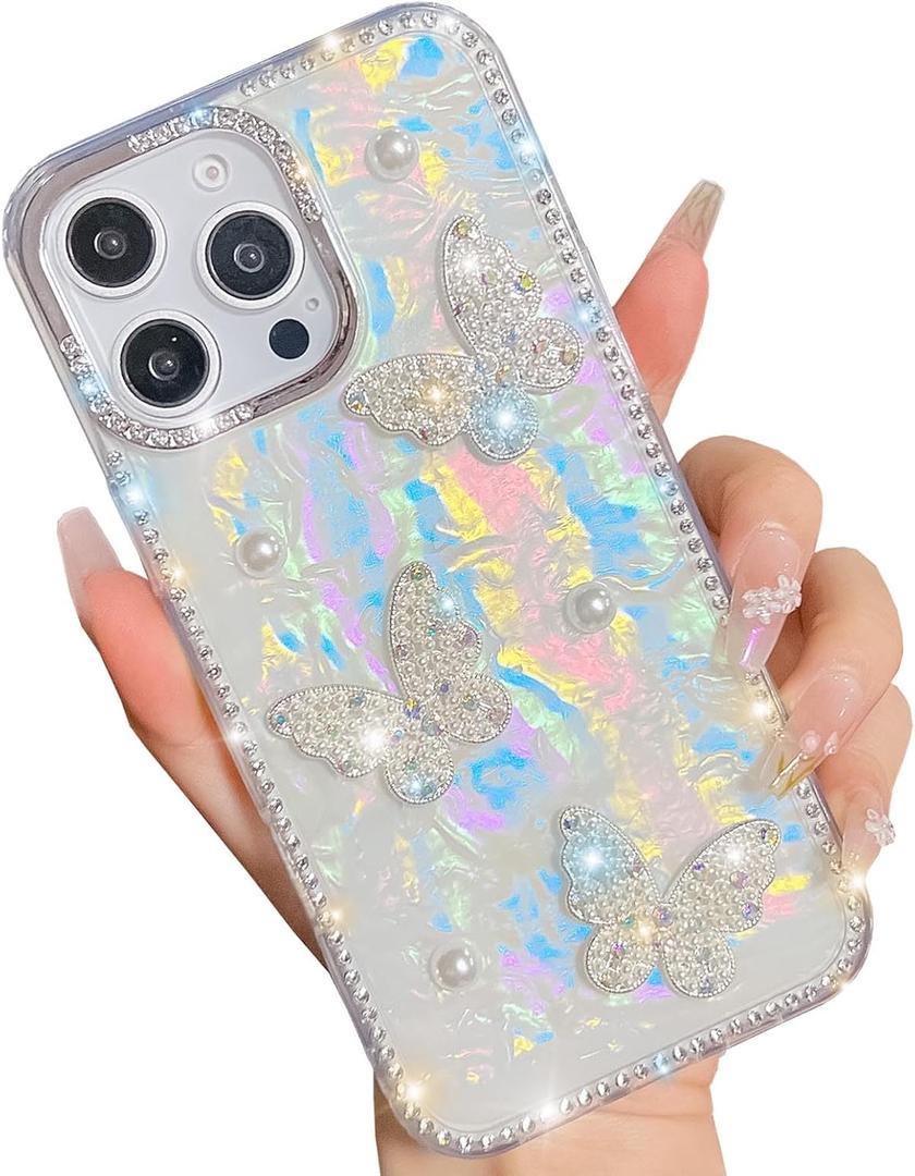 Trendy Elegent Girly Compatible with iPhone 15 Pro Case,Shining Cute Pearl Texture Soft Glitter Diamond Shockproof TPU Bumper(Butterfly,15Pro)