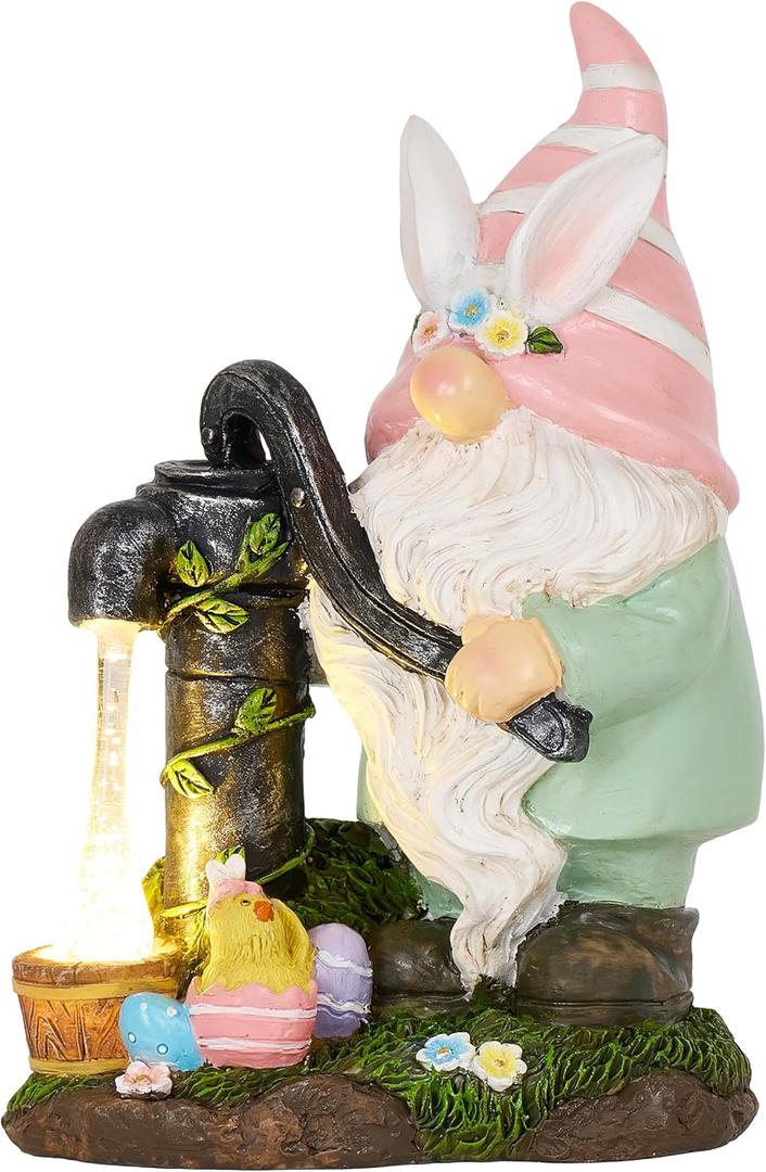 TERESA'S COLLECTIONS Easter Bunny Gnome Decorations with Solar Outdoor Light for Outside, Spring Resin Gnomes Figurines for Outdoor House Porch Balcony, Lawn Ornaments Gifts for Women Men Mom, 8"