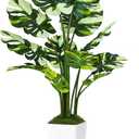 5FT Artificial Monstera Plant with Tall White Planter and Thread Moss, Realistic Faux Floor Tree with Large White Leaves for Indoor Outdoor Office Porch Living Room Corner Home Decor