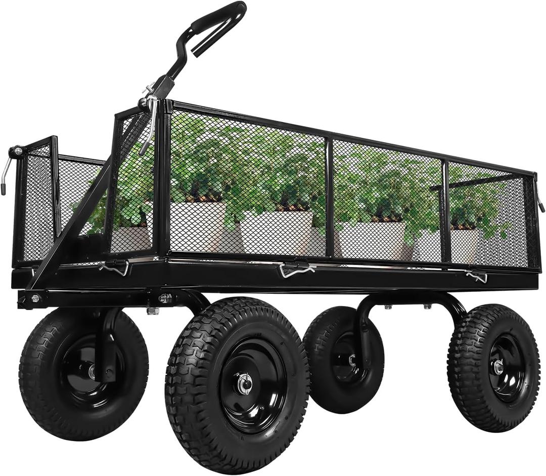 Taifa Heavy Duty Steel 1100 Lb Wagon Garden Carts with Removable Side Panels Turn Into Flatbed, All Terrain Utility Cart with 11.5" Tire, 180° Rotating Handle for Outdoor, Garden, Farm, Yard, Black