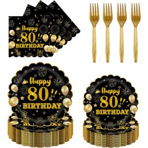 96Pcs 80th Birthday Party Tableware Set,Back in 1965 Birthday Party Decorations Supplies, Disposable Black and Gold 80th Birthdays Paper Plates Napkins Forks Favors for Men Women, Serve 24
