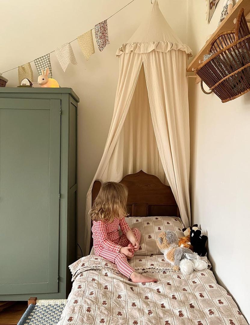 Kids Bed Canopy with Frills Cotton Cover Net for Crib Reading Nook Curtain Hideaway Hanging Round Tent Nursery Bedding Play Room Decor