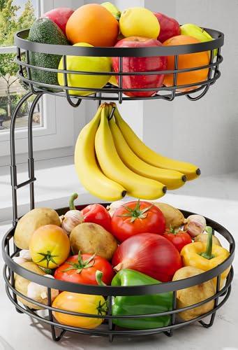 Sakugi Fruit Basket for Kitchen Counter - 2-Tier Large Capacity Fruit Bowl with Detachable Banana Hanger, Rust-Proof Metal Fruit Holder for Vegetables, Bread, Toiletry,10" D x 10" W x 14" H, Black