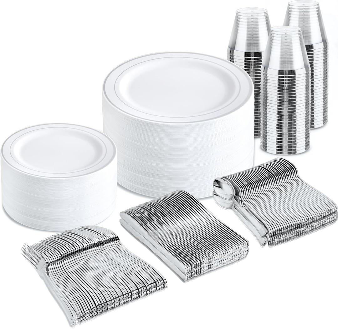 bUCLA 300PCS Silver Disposable Plastic Dinnerware Set - 50 Guests White Silver Disposable Plates Include 50 Dinner Plates,50 Dessert Plates,50 Knives,50 Forks,50 Spoons,50 Cups for Party & Christmas