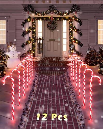 COOLWUFAN 12 Pack Christmas Candy Cane Pathway Markers, 22'' Candy Cane Christmas Decorations Pathway Lights Outdoor with 72 Warm Lights for Xmas Holiday Party Walkway Patio Garden Yard Lawn Decor