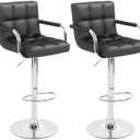 Gentlemoods Modern PU Leather Bar Stools Set of 2, Adjustable Swivel Square Bar Chairs, Counter Height Barstools with Arms and Large Base for Island/Kitchen (Black)