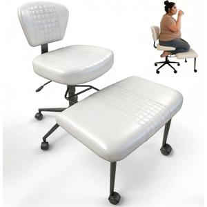 Meditation Chair with Footrest, 360° Swivel Height Adjustable Criss Cross Chair, White PU Padded Wide Seat, Home Office Desk Chair for Reading, Yoga, Peaceful Living, Oversized