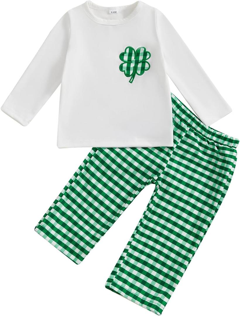 Ayalinggo St Patricks Day Baby Girl Boy Outfit Green Shamrock Long Sleeve Shirt Top Plaid Pants Set Saint Patrick's Clothes (White)