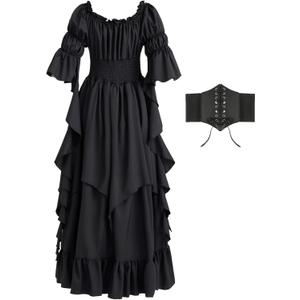 Renaissance Dress Women Gothic Witch Dress Medieval Ruffle Victorian High Low Dress Costume Set with Corset Belt (Large-X-Large, Black)