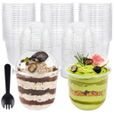 Jnnzzggu 100 Pack 12OZ Clear Plastic Cups with No Hole Dome Lids and Sporks,Disposable Dessert Cups,Yogurt Parfait Cup for Cupcake,Pudding,Iced Cold Drinks,Coffee,Juice,Snacks,Fruits,Ice Cream