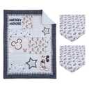 Disney Mickey Mouse Timeless Mickey Gray, White, & Blue Stars & Icons 3Piece Nursery Mini Crib Bedding Set - Comforter & Two Fitted Mini Crib Sheets, Navy, Grey, Black, White