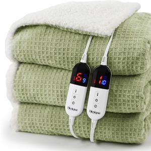 Heated Blanket Electric Blanket King Waffle, 90x100 Inches Dual Controllers Sherpa Fleece Fast Heating Blanket 6 Heating Levels & 10 Hours Auto Off ETL Certification, Sage King