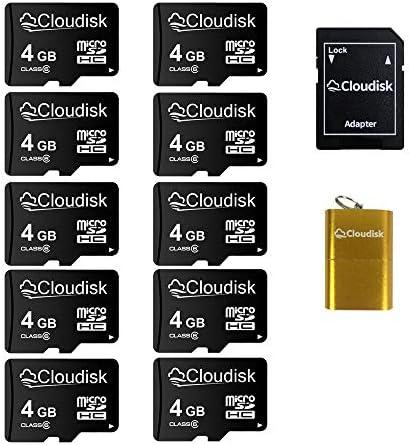 Cloudisk Pack of 10 Micro SD Card 4GB Flash Memory Card C6 Micro SDHC with SD Adapter, Card Reader (4GB)