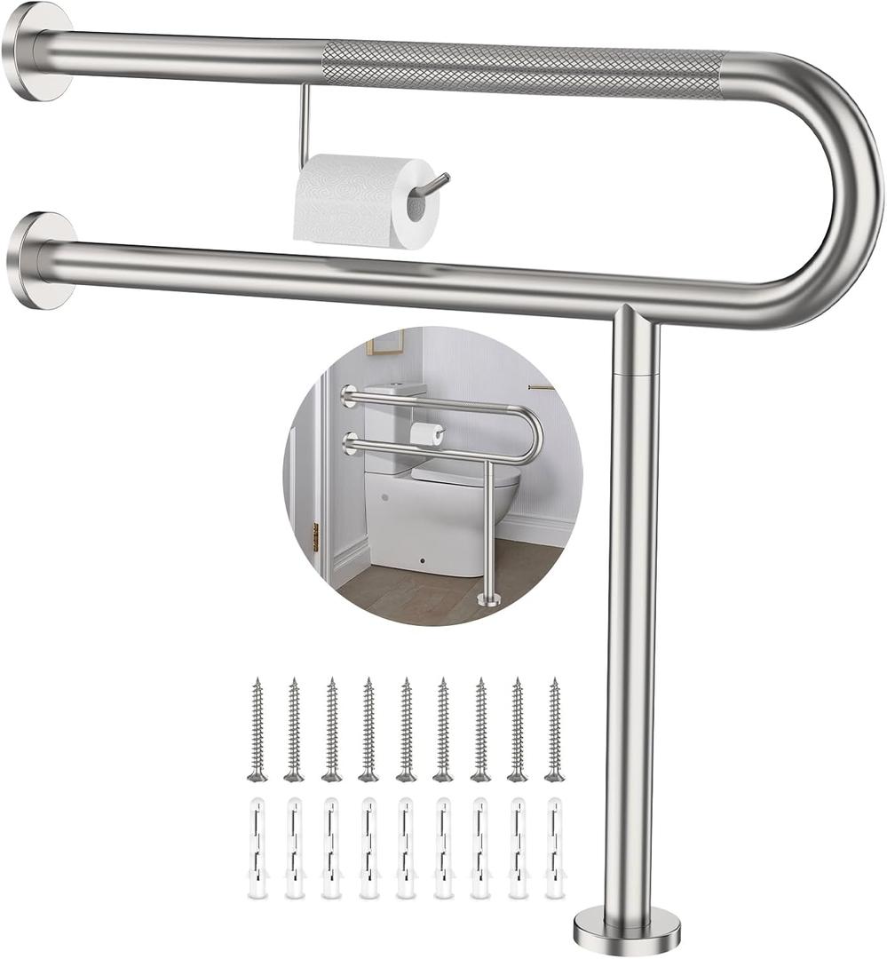Toilet Grab Bar with Leg 31.5x28 Inch, ZUEXT Brushed Nickel Knurled Toilet Support Bar with Toilet Paper Holder,Stainless Steel Wall & Floor Mounted Bathroom Support Rail for Elderly Disabled Pregnant