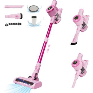 Cordless Stick Vacuum Cleaner, 30KPa Handheld Rechargeable Battery Lightweight Small Pink Vac Electirc Broom, 40Mins Runtime for Home Hard Floor Carpet Pet Hair Cleaning, LED Screen