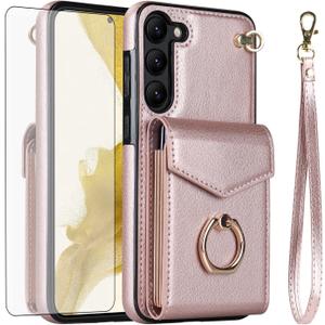 Asuwish Phone Case for Samsung Galaxy S23 5G Wallet Cover with Tempered Glass Screen Protector and Ring Stand Credit Card Holder Leather Wrist Strap Cell Accessories S 23 23S G5 Women Men Rose Gold