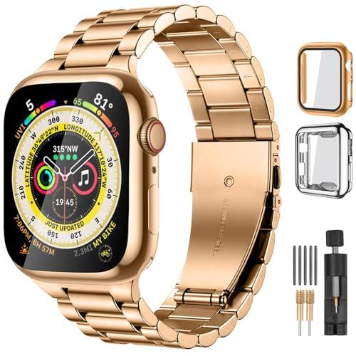 Lerobo Compatible for Apple Watch Band Ultra 49mm 45mm 44mm 40mm 41mm 42mm 46mm,Stainless Steel Metal Strap Accessories with 2 Pack Screen Protective Cases for iWatch Series 11 10 9 8 7 6 5 4 3 2 1 SE, Size: 42mm (series 11 10)