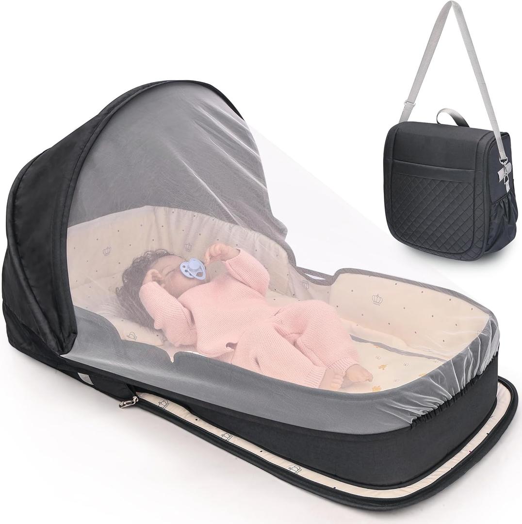 YVMVDV Portable Travel Bassinet for 0-8M Baby, Portable Travel Baby Bed, Cosleeping Baby Bed with Mosquito Net, Lightweight and Foldable