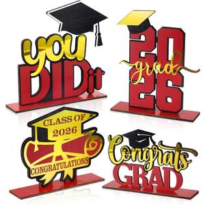 4 Pcs Red and Gold Graduation Decorations Class of 2026 Congrats Grad Centerpieces Mirrored Wooden Table Sign for High School College Photo Booth Props Graduations Party Favors
