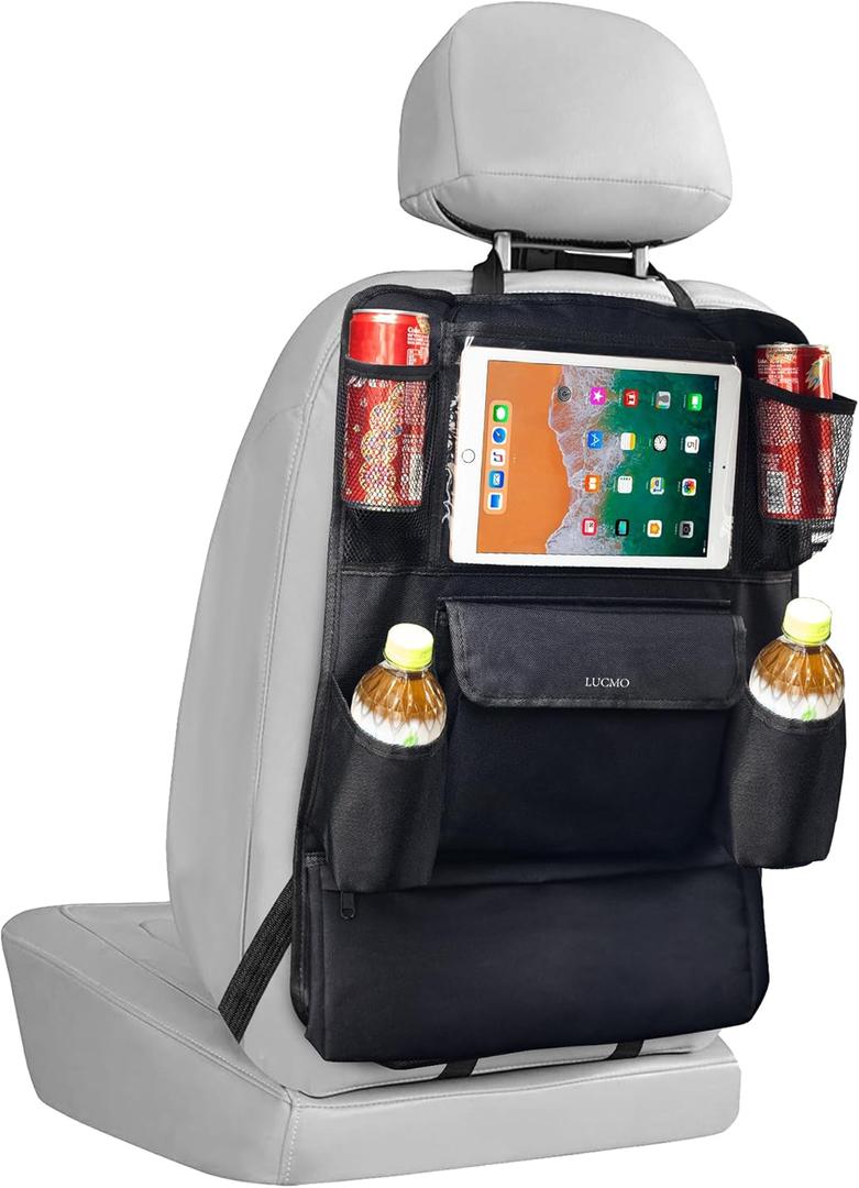 LUCMO Car Backseat Organizer with Touch Screen Tablet Holder,9 Storage Pockets Protectors Kick Mats Travel Accessories for Kids-Black (1 Pack)