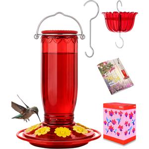 iBorn Hummingbird Feeders for Outdoors Hanging with Ant Moat for Hummingbird Feeder Glass 8 Ports for 16oz Humming Bird Nectar,Yellow Flowers Red Glass, Pack of 1