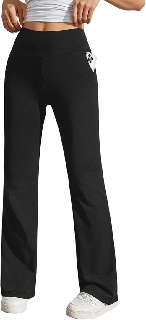 Womens Stretchy Yoga Dress Pants Pockets High Waist Straight Leg Work Trousers Pull On Business Casual Slacks (Black, S)