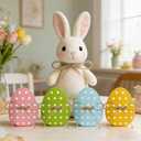 3 x 4 Pcs Easter Decoration Wooden Egg Table Tiered Tray Decor - 3.1"x3.9" Pastel Polka Dot Wood Egg Signs for Home Spring Party Centerpieces Kitchen Mantel Decor