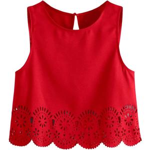 SOLY HUX Women's Summer Tank Tops Hollow Out Scallop Trim Sleeveless Vest Crop Top (Pure Red), Large