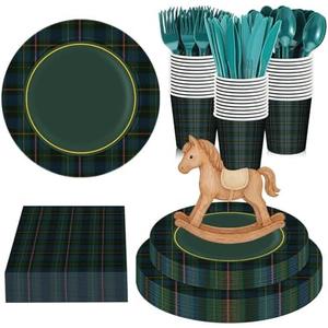 Sunnychicc 168 Pcs Green Blue Tartan Plaids Baby Shower Decorations We Can Bearly Wait Birthday Tableware Set Navy and Green Plaid Disposable Paper Plates Cups Utensils Serves 24