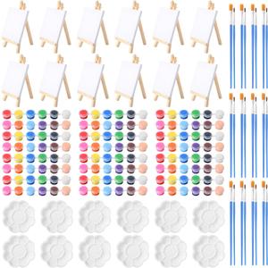 Qilery 12 Set Acrylic Paint Kit Mini Stretched Canvas with Easel, Acrylic Paints Strips, Brushes, Palette, Art Set for Kids Adults Classroom Birthday Party Favors(4 x 4 Inch)